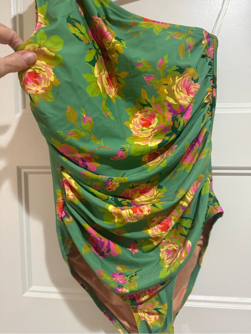 J.Crew Ruched one-shoulder one-piece in rose garden